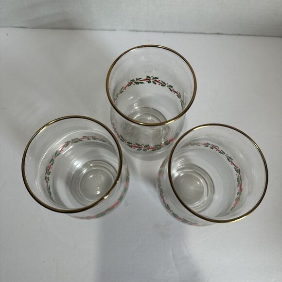 Libbey Holly & Berry Christmas Tumblers‎ Clear Glass Gold Rim 5 1/4" Vintage 3 - Picture 8 of 10